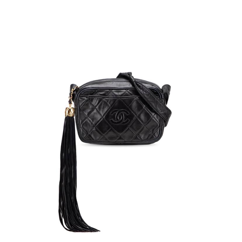 Chanel Mini CC Diamond Quilted Lambskin Tassel Camera Bag Black Leather Good condition - Front View