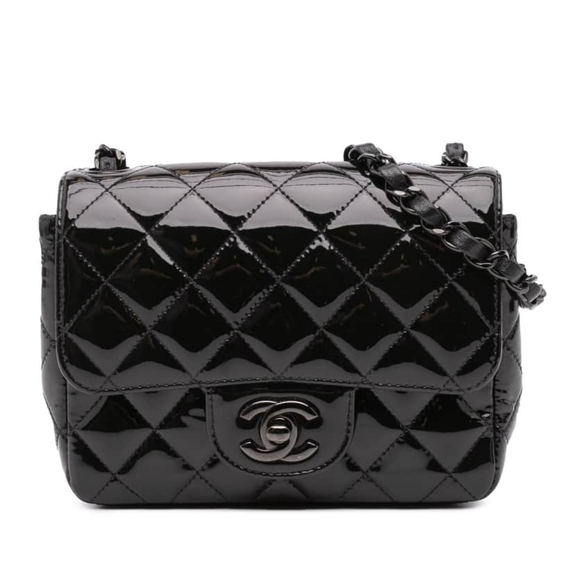 Chanel Mini Square Classic Patent So Black Single Flap Black Leather Good condition - Front View