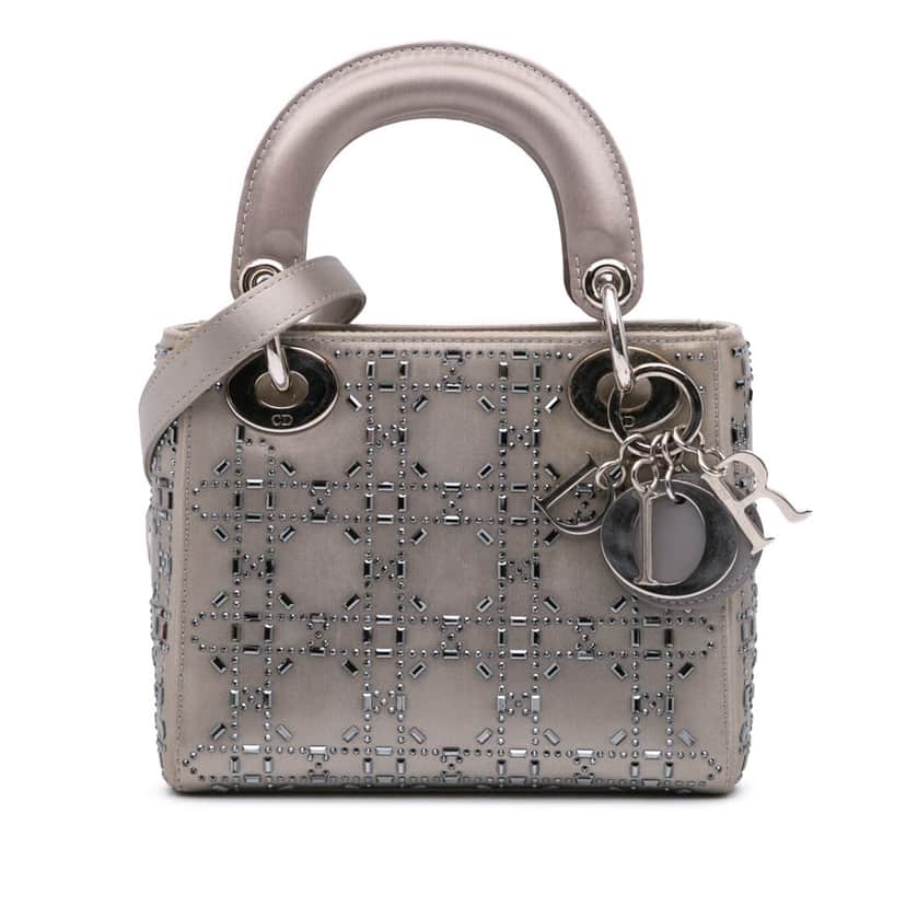 Dior Mini Satin Cannage Strass Crystal Embellished Lady Dior Grey Satin Good condition - Front View