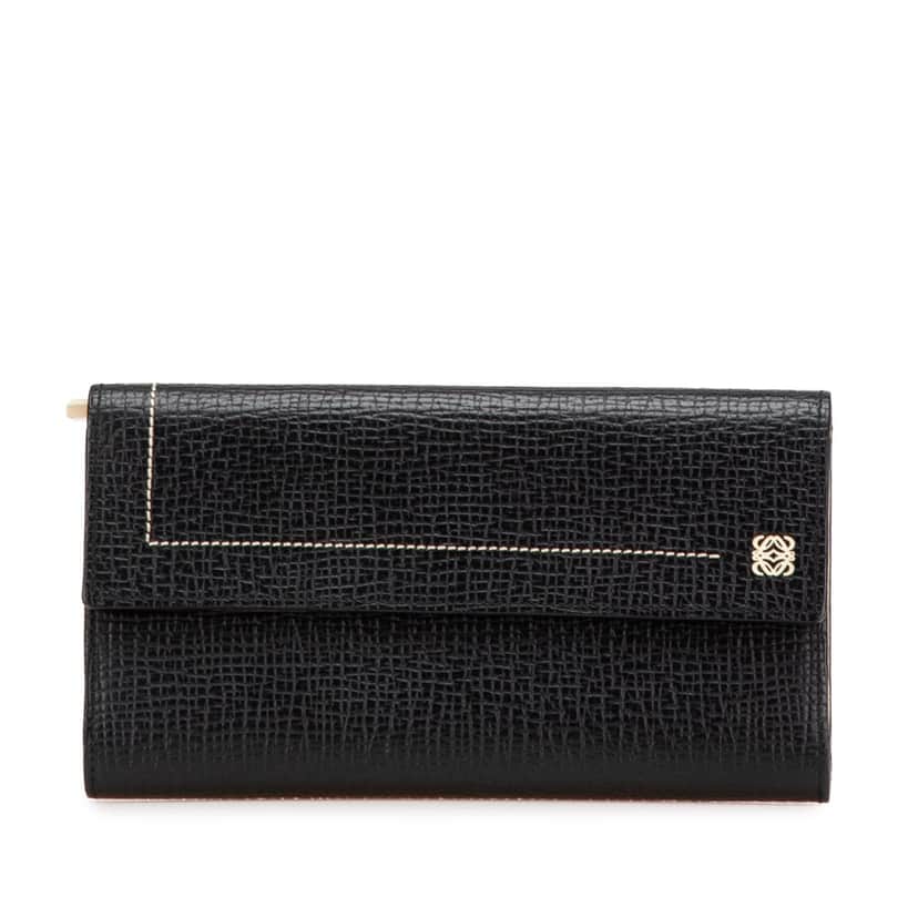 Loewe Anagram Grained Calfskin Long Wallet Black Leather Good condition - Front View