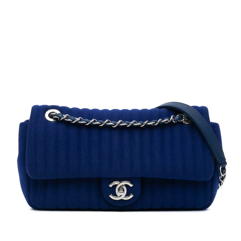 Chanel Medium Vertical Quilted Jersey Chain Flap Blue Cotton Good condition - Front View