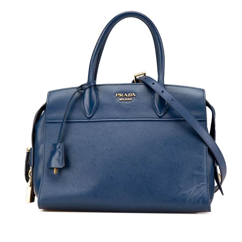 Prada Saffiano and City Calf Esplanade Satchel Blue Leather Good condition - Front View