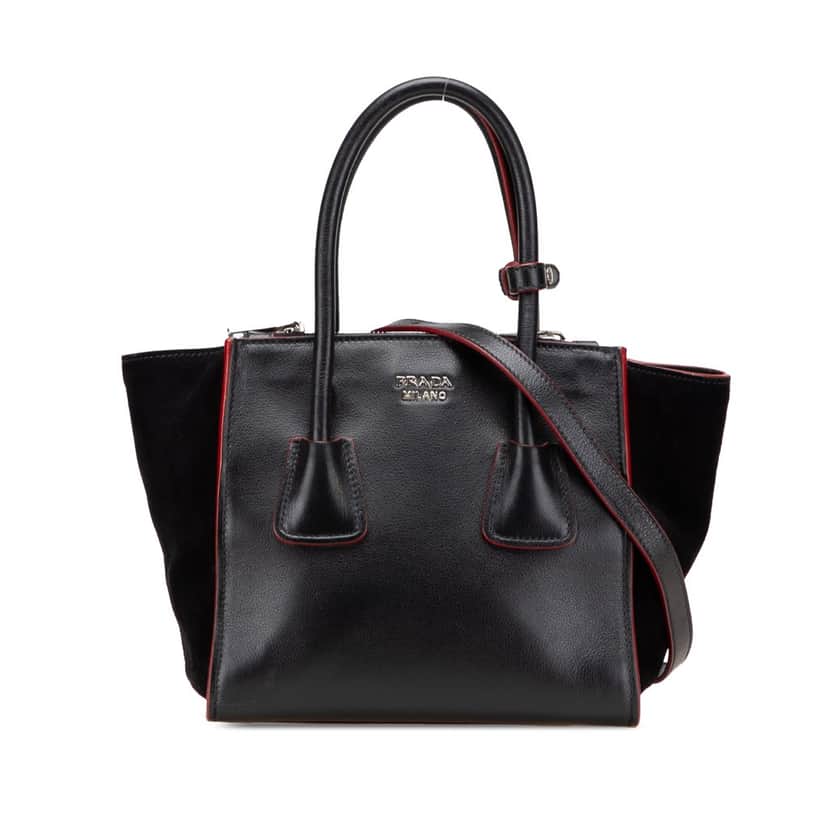 Prada Mini Scamosciato Trimmed Glace Calf Twin Pocket Satchel Black Leather Good condition - Front View