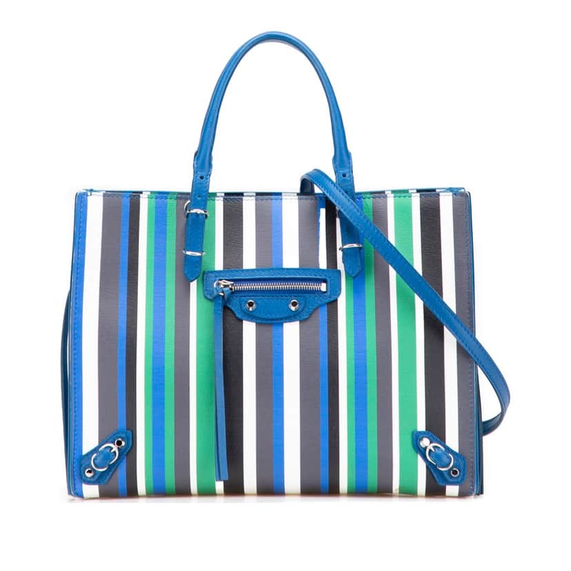 Balenciaga Mini Leather Striped Papier A6 Zip Around Satchel Blue Leather Good condition - Front View