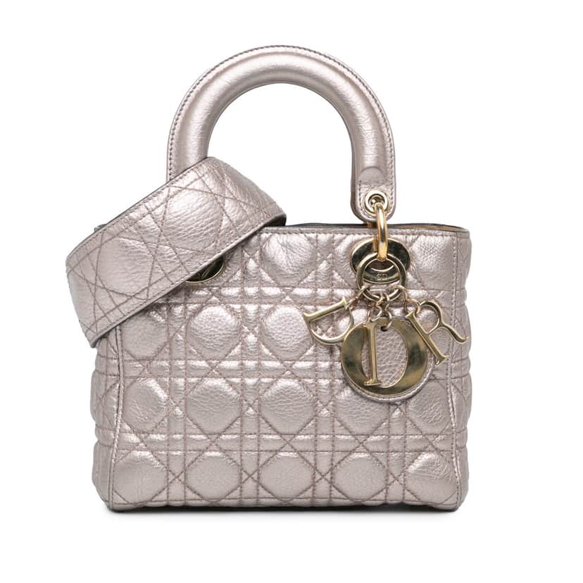 Dior Small Metallic Grained Calfskin Cannage Supple Lady Dior Silver Leather Good condition - Front View