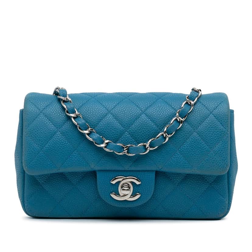 Chanel Mini Rectangular Classic Caviar Single Flap Blue Leather Good condition - Front View