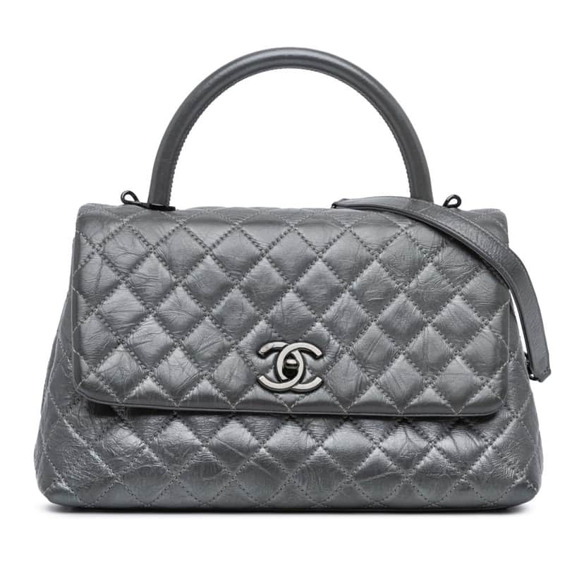 Chanel Small Quilted Aged Calfskin Coco Top Handle Bag Grey Leather Good condition - Front View