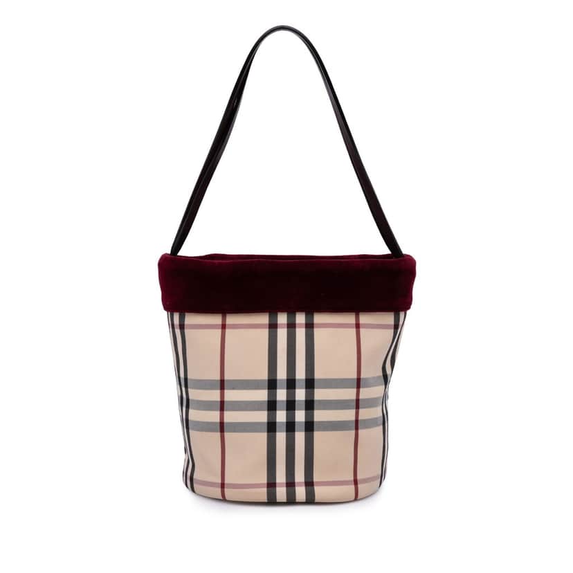 Burberry Velvet Trimmed House Check Canvas Bucket Bag Brown Canvas Good condition - Front View