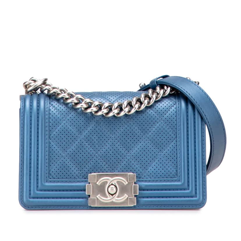 Chanel Small Quilted Perforated Metallic Lambskin Boy Flap Blue Leather Good condition - Front View