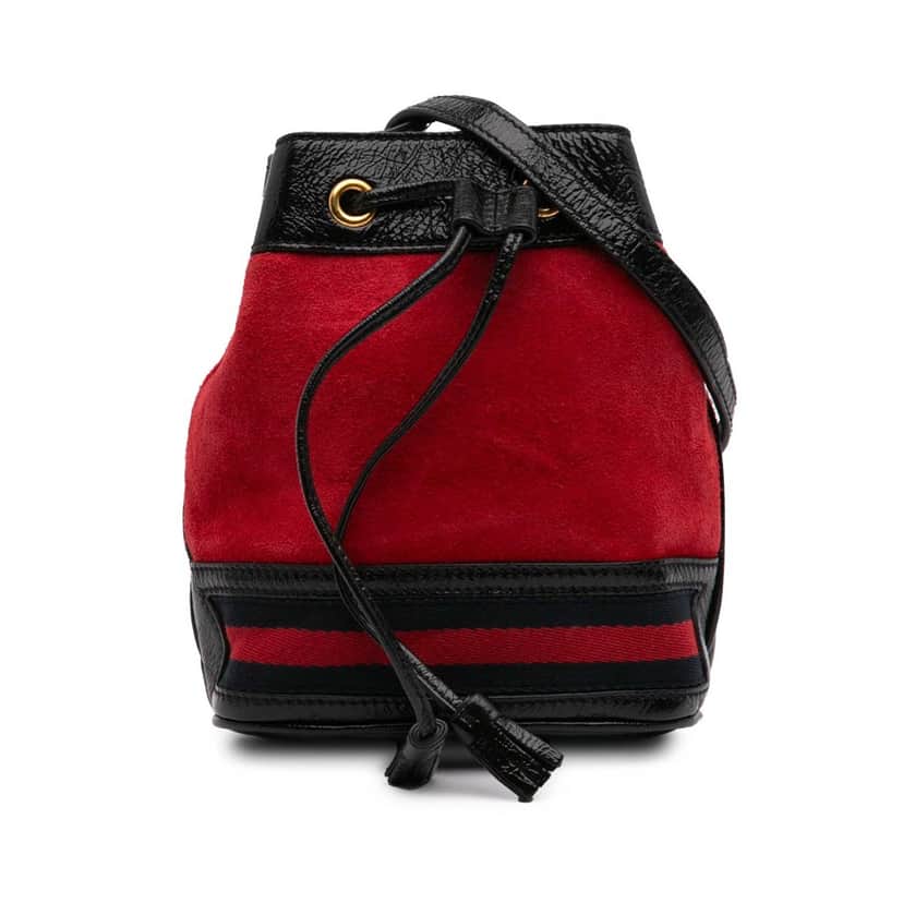 Gucci Mini Suede and Patent Web Ophidia Bucket Bag Red Leather Good condition - Front View
