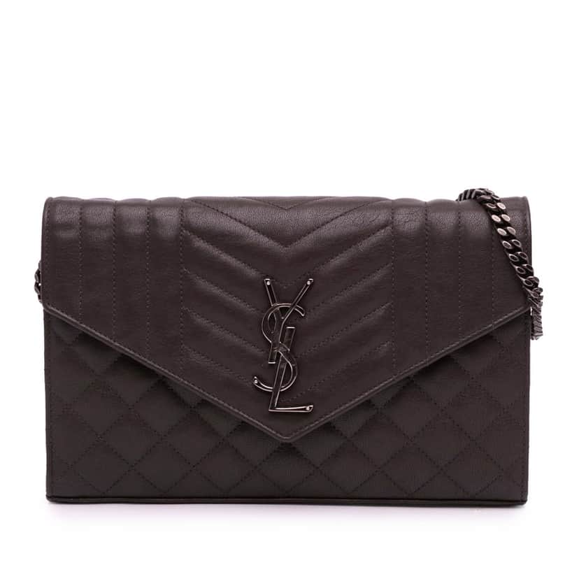 Saint Laurent Triquilt Sheepskin Monogram Envelope Wallet on Chain Brown Leather Good condition - Front View