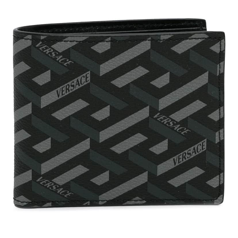 Versace La Greca Small Wallet Black Canvas Good condition - Front View