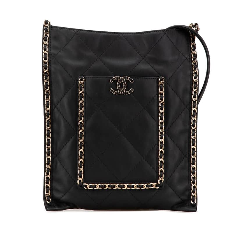 Chanel Quilted Calfskin Chain Flat Shoulder Bag Black Leather Good condition - Front View