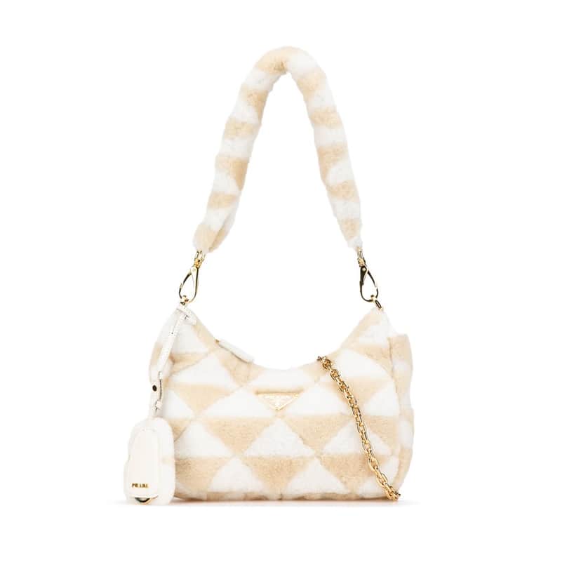 Prada Mini Shearling Symbole Re-Edition Satchel Brown Good condition - Front View