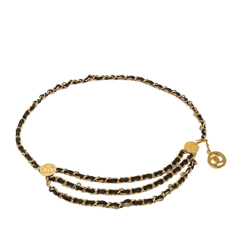 Chanel Gold Plated CC Medallion Leather Woven Chain Belt Gold Metal Good condition - Front View