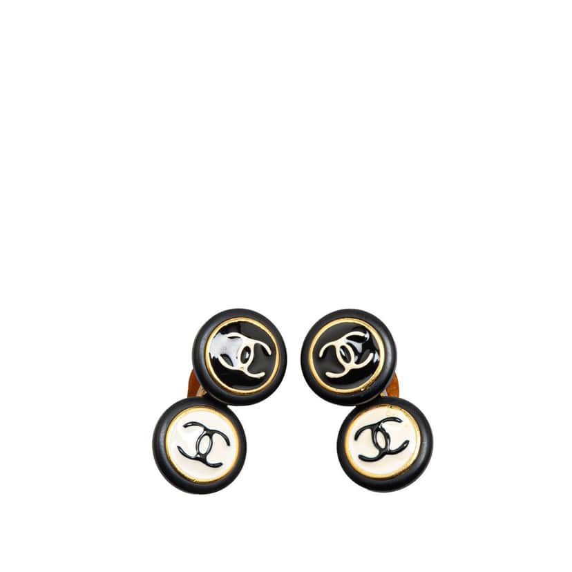 Chanel Gold Plated Enamel CC Double Disc Clip On Earrings Black Good condition - Front View