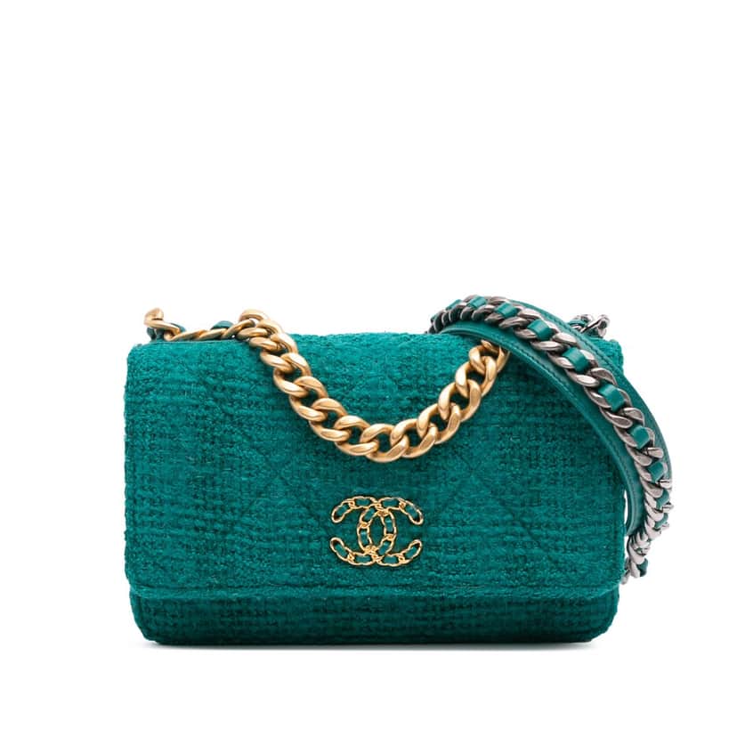 Chanel Tweed 19 Wallet On Chain Green Tweed Good condition - Front View