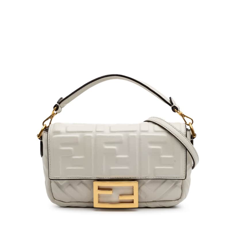 Fendi Mini Zucca Embossed Leather Baguette Satchel White Leather Very good condition - Front View