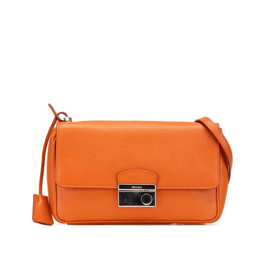 Prada Saffiano Sound Lock Crossbody Orange Leather Good condition - Front View