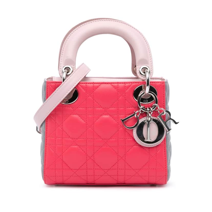 Dior Mini Tricolor Lambskin Cannage Lady Dior Pink Leather Good condition - Front View