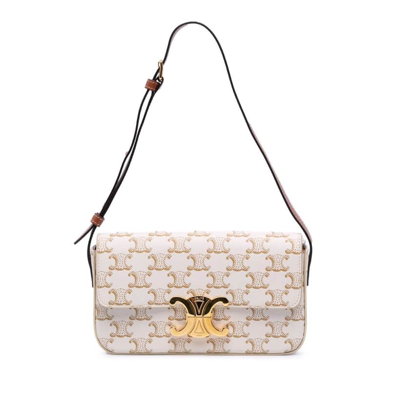 Celine Triomphe Coated Canvas Claude Shoulder Bag White Canvas Good condition - Front View