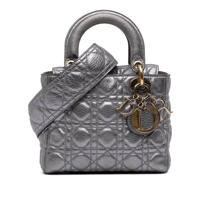 Dior Small Metallic Grained Calfskin Cannage Supple Lady Dior Silver Leather Good condition - Front View