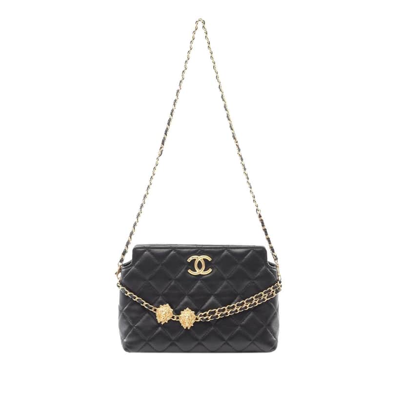 Chanel Quilted Lambskin Leo Shoulder Bag Black Leather Good condition - Front View