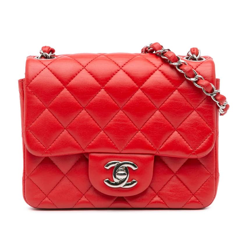 Chanel Mini Square Classic Lambskin Flap Red Leather Good condition - Front View