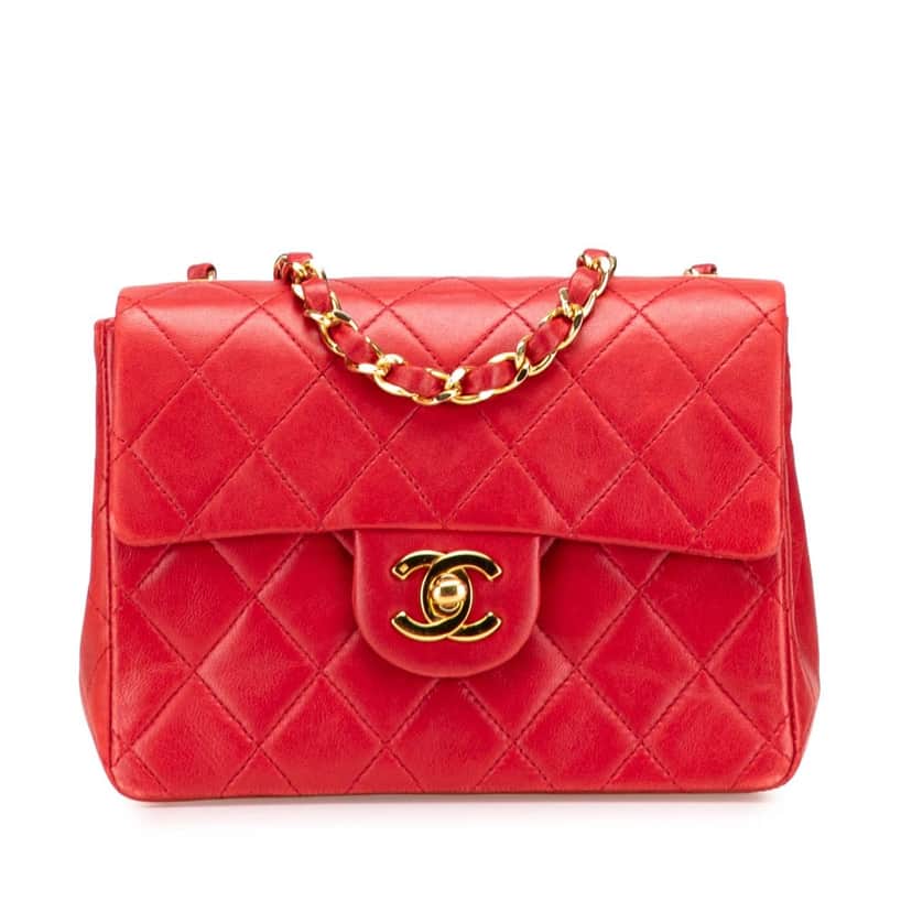 Chanel Mini Square Classic Lambskin Single Flap Red Leather Good condition - Front View