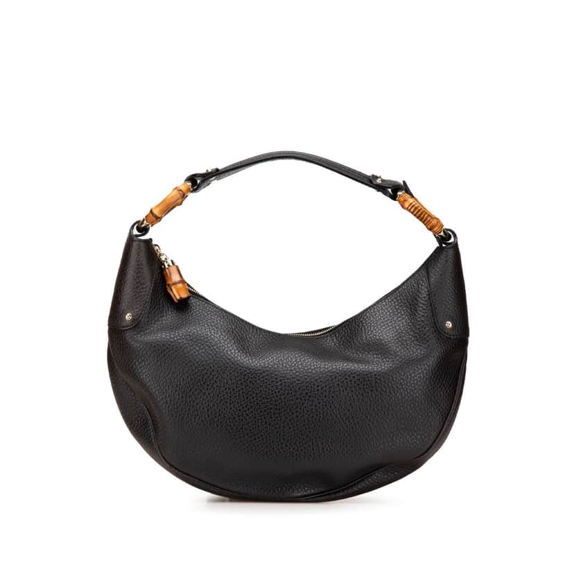 Gucci Pebbled Calfskin Bamboo Ring Hobo Black Leather Good condition - Front View