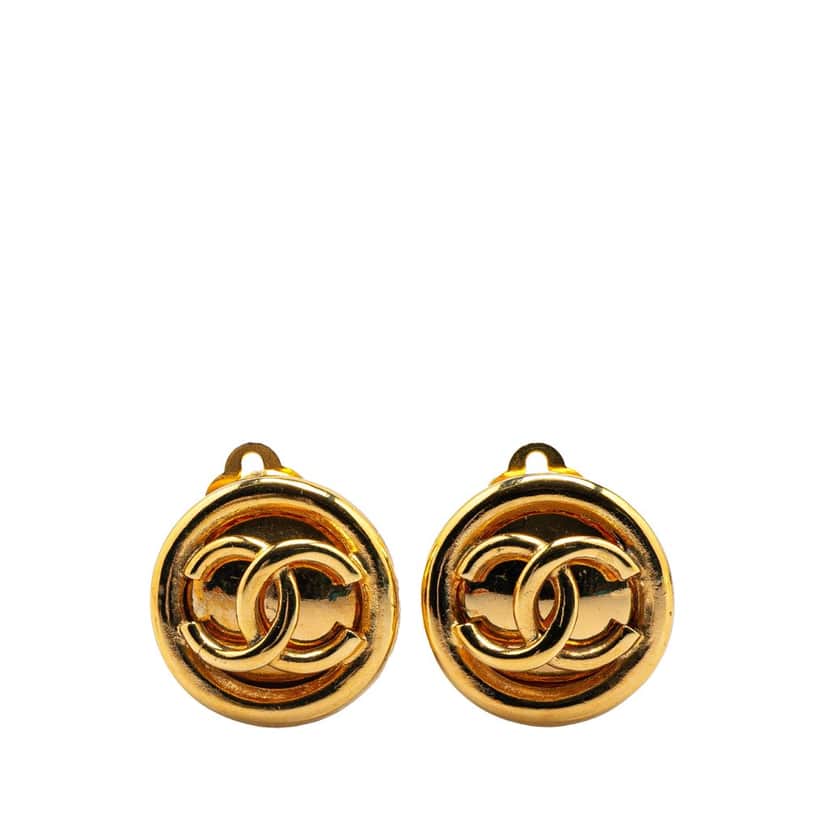 Chanel Gold Plated CC Round Clip On Earrings Gold Metal Good condition - Front View