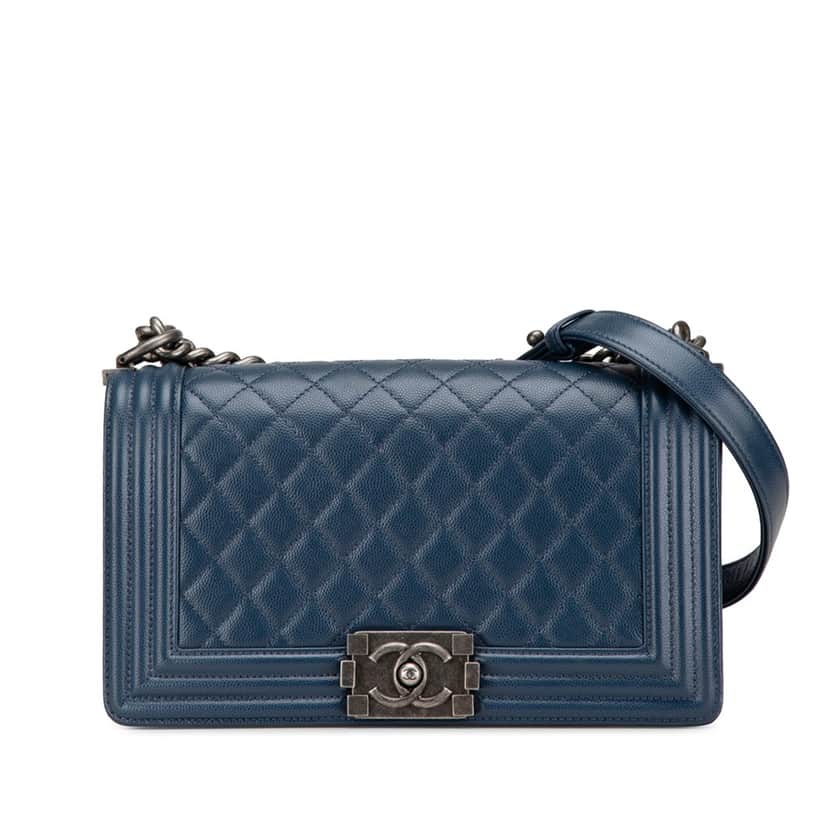Chanel Old Medium Quilted Caviar Boy Flap Blue Leather Good condition - Front View