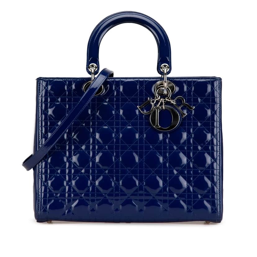 Dior Large Patent Cannage Lady Dior Blue Leather Good condition - Front View