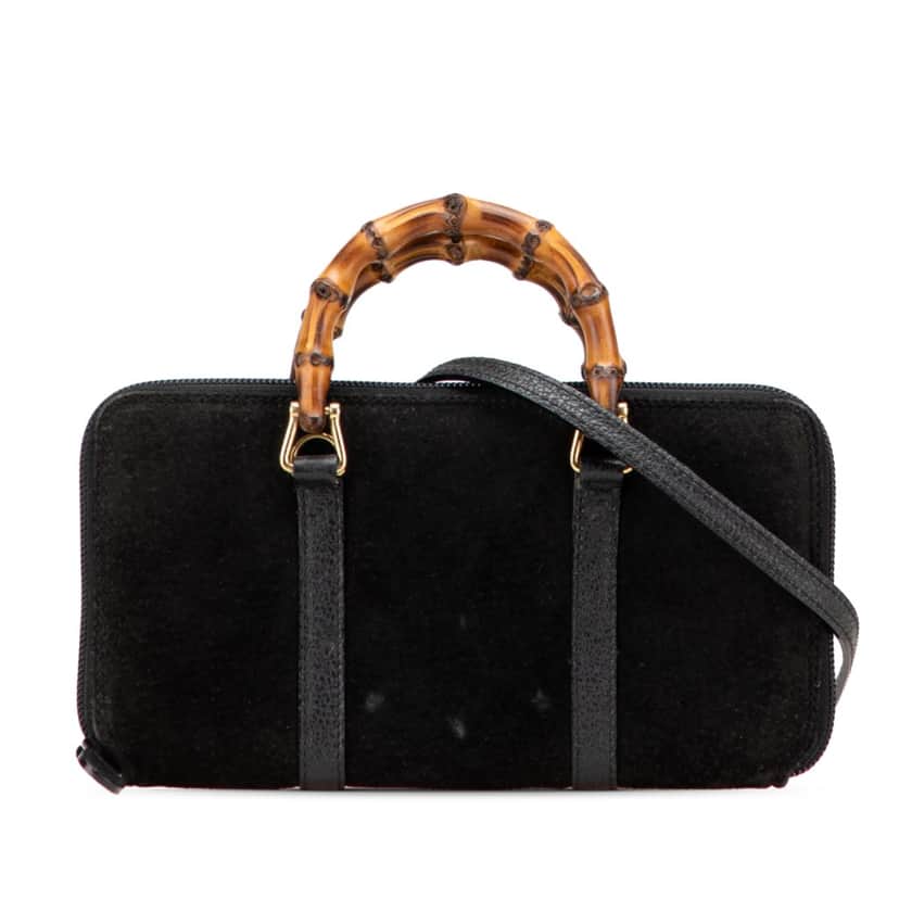 Gucci Suede Bamboo Wallet On Strap Black Leather Fair condition - Front View
