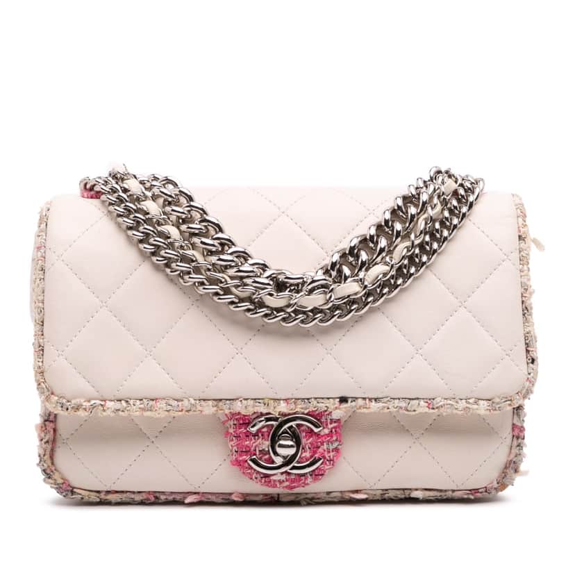 Chanel Quilted Lambskin and Tweed Elegant Trim Flap White Leather Good condition - Front View