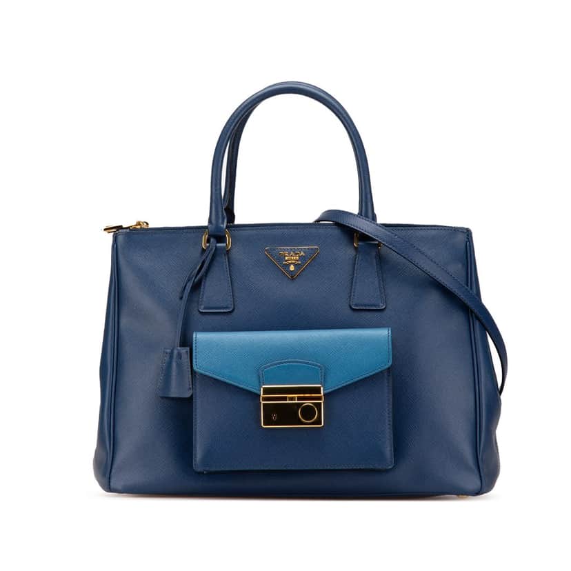 Prada Saffiano Lux Galleria Double Zip Front Pocket Satchel Blue Leather Good condition - Front View