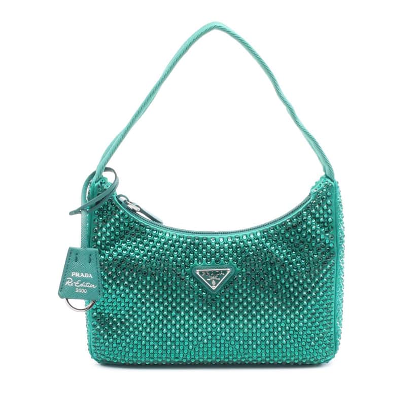 Prada Mini Satin Crystal Re Edition 2000 Shoulder Bag Green Satin Very good condition - Front View