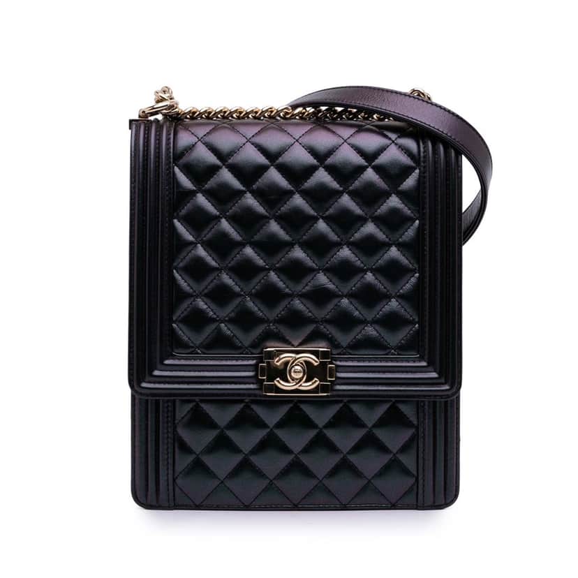 Chanel Quilted Iridescent Calfskin North South Boy Flap Black Leather Good condition - Front View