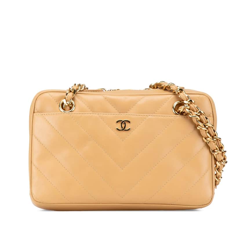 Chanel CC Chevron Quilted Lambskin Chain Shoulder Bag Brown Leather Fair condition - Front View
