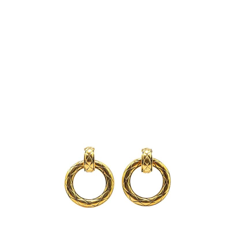 Chanel Gold Plated Quilted Hoop Drop Clip on Earrings Gold Metal Good condition - Front View
