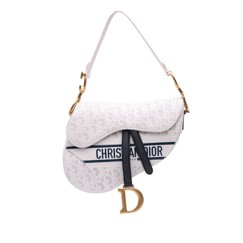 Dior Perforated Oblique Embossed Calfskin Saddle Bag White Leather Good condition - Front View