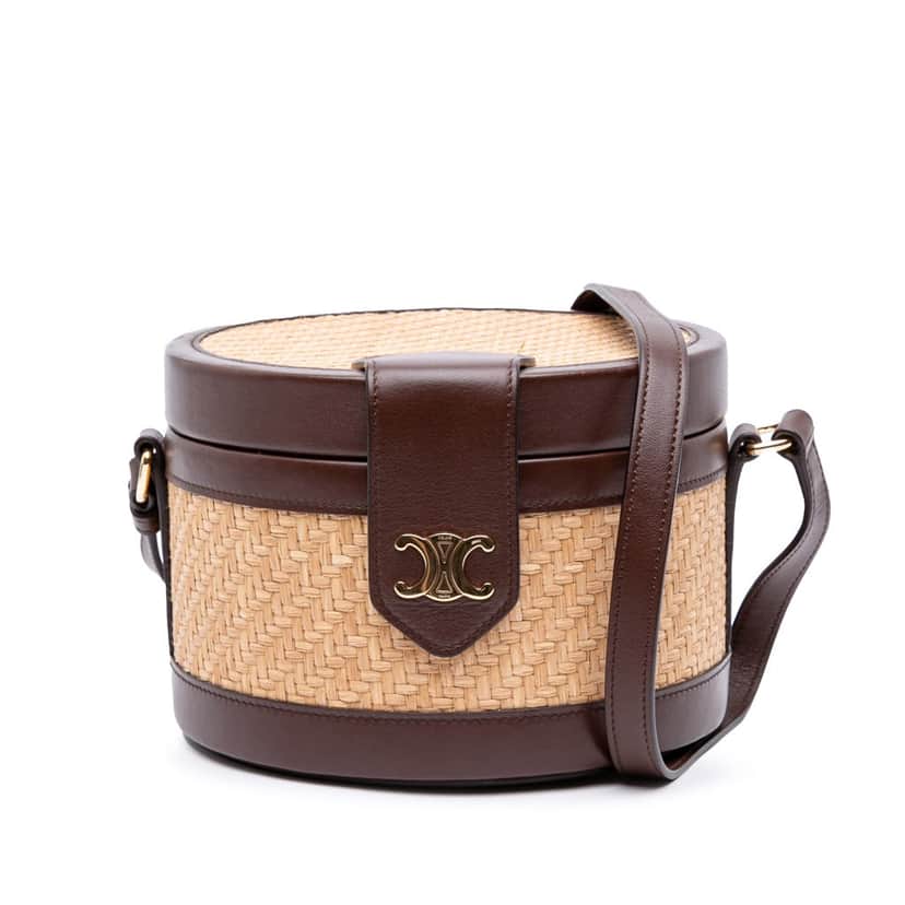 Celine Medium Raffia and Calfskin Triomphe Tambour Crossbody Brown Good condition - Front View