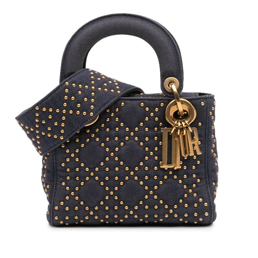 Dior Mini Denim Cannage Studded Supple Lady Dior Blue Denim Good condition - Front View