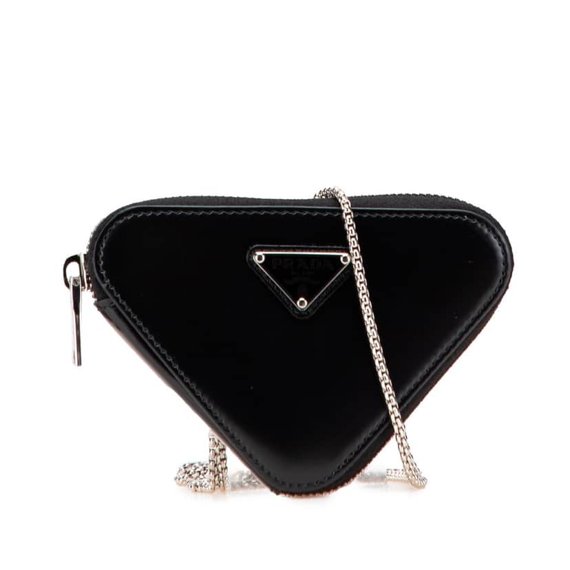 Prada Mini Spazzolato Leather Triangle Chain Crossbody Black Leather Good condition - Front View