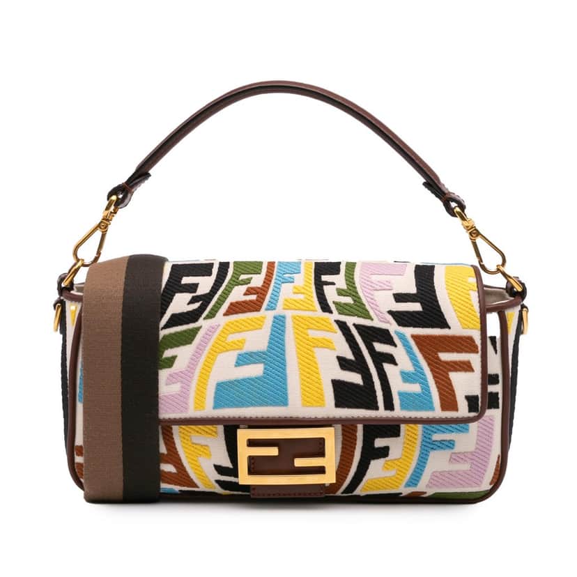 Fendi Sarah Coleman Zucca Embroidered Canvas Fish Eye Vertigo Baguette Satchel Brown Canvas Good condition - Front View