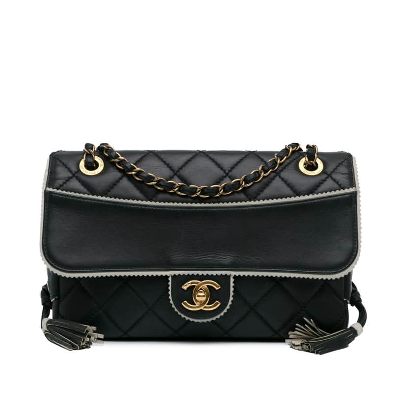 Chanel CC Quilted Lambskin Tassel and Border Embellished Flap Black Leather Good condition - Front View