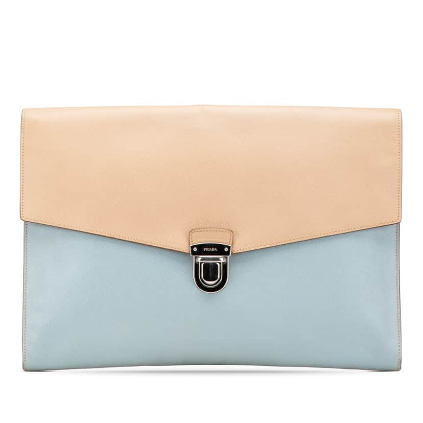 Prada Bicolor Saffiano Envelope Pushlock Clutch Blue Leather Good condition - Front View