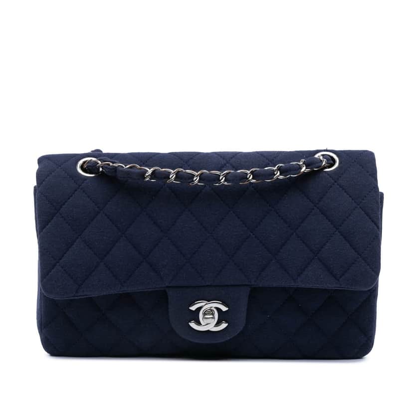 Chanel Medium Classic Jersey Double Flap Blue Cotton Good condition - Front View