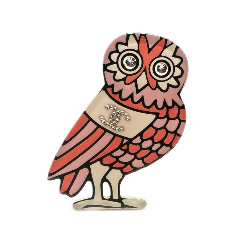 Chanel Resin and CC Crystal Owl Brooch Pink Good condition - Front View