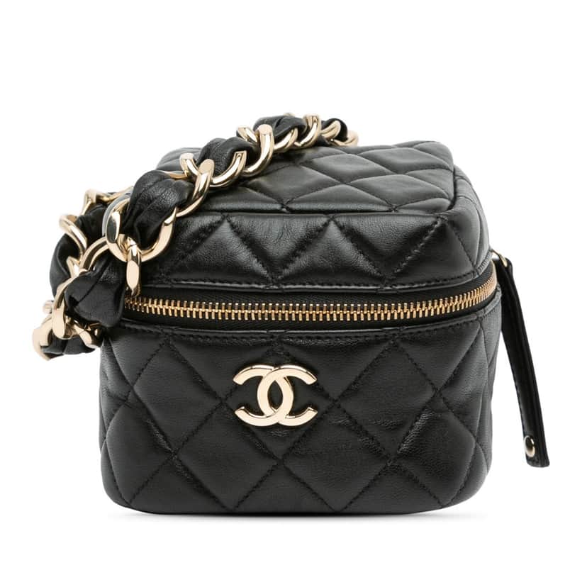 Chanel Quilted Lambskin Cube Chain Wristlet Case Black Leather Good condition - Front View